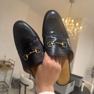Gucci Black Leather Slip-On Loafers with Gold Hardware